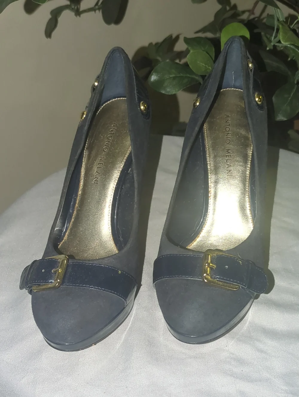 ANTONIO MELANI Navy Suede Buckle Peep-Toe Pumps